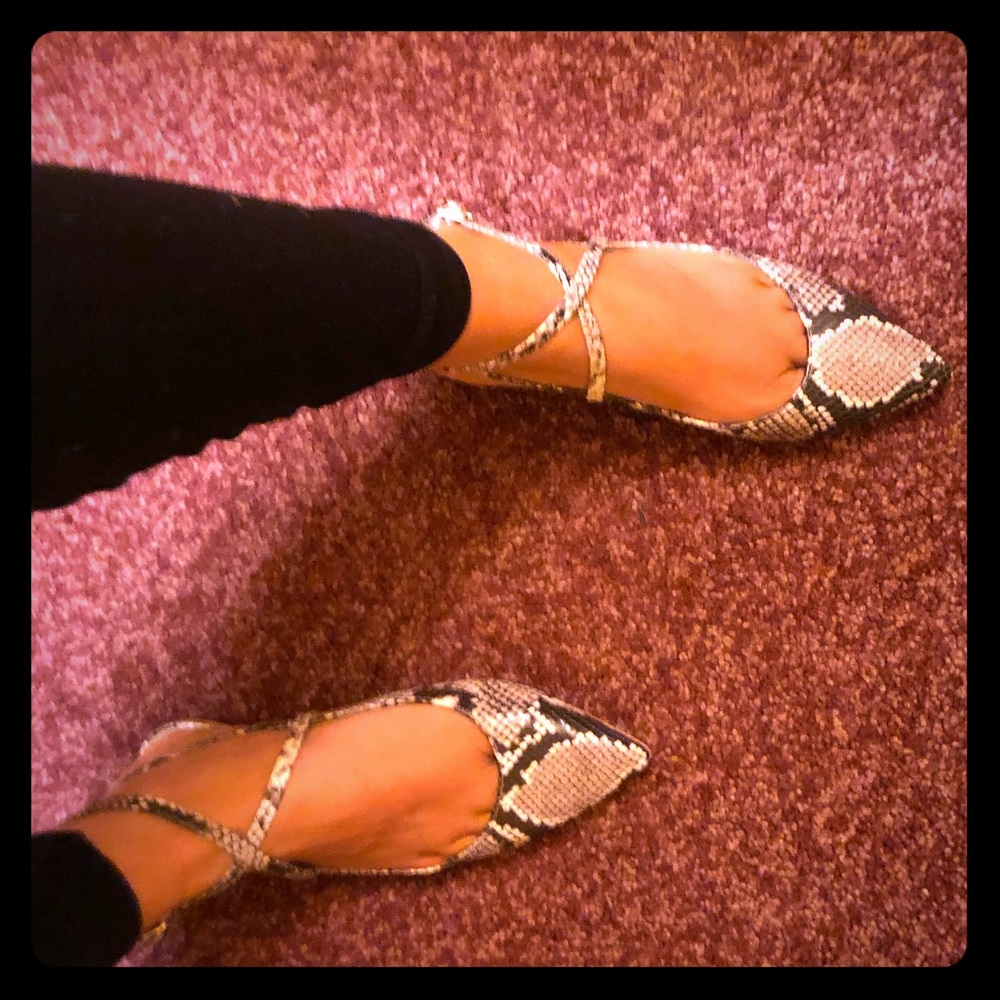 Pointed Toe Strappy Snakeskin Flats